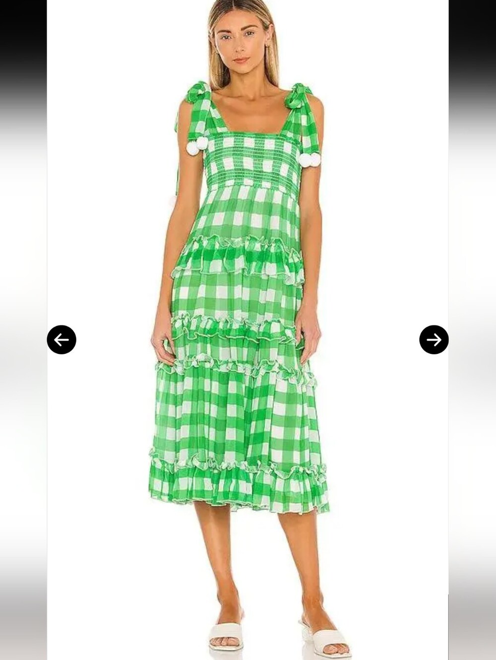 Sundress Berenice Lime Green White Gingham Dress Pom Pom Shoulder Tie Chiffon